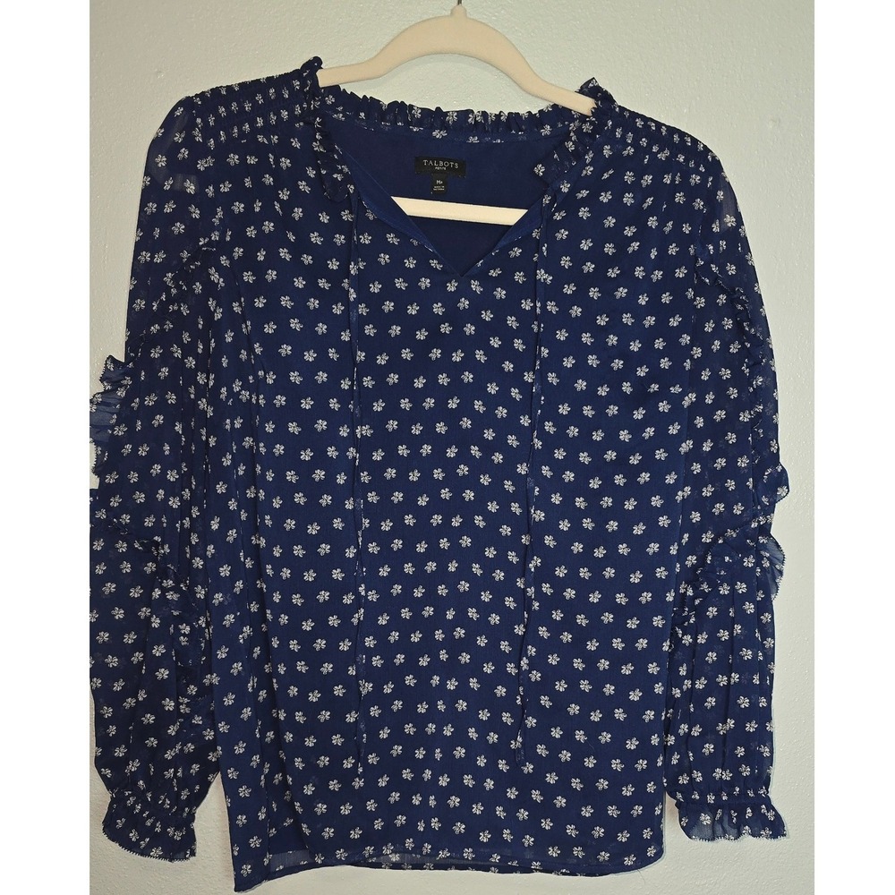 Talbots Petite Floral Ruffle Blouse PM Navy Blue Long Sleeve Smocked Tie Neck